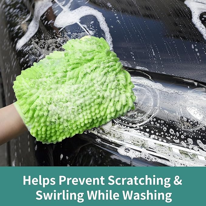 Microfiber Double Sided Car Washing Gloves (Neon Green) 10 x 7 inches